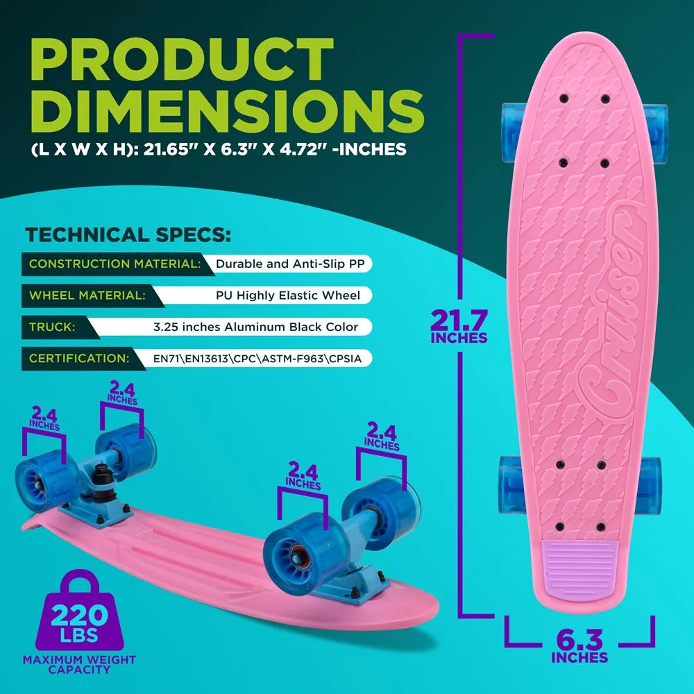 6'' Pp Deck Skateboard - Mini Cruiser Skateboard, Designed For Kids, Teens, And Adults (Pink)