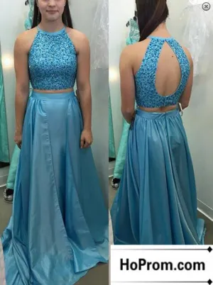 Blue Beading A-Line Sleeveless Prom Dresses Evening Dress