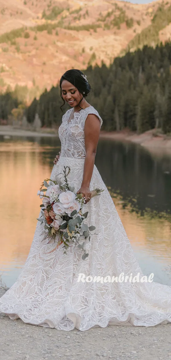 Charming V-neck A-line Lace Cheap Long Wedding Dresses Online,RBWD0034