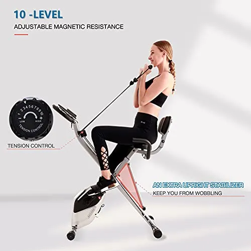 Davcreator Foldable Fitness Exercise Bike, Magnetic Slim Cycle 2-in-1 Recumbent & Upright Stationary Bike with Arm Workout for Home