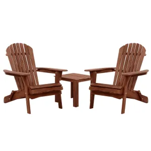 Gardeon 3PC Adirondack Outdoor Table and Chairs Wooden Foldable Beach Chair Brown