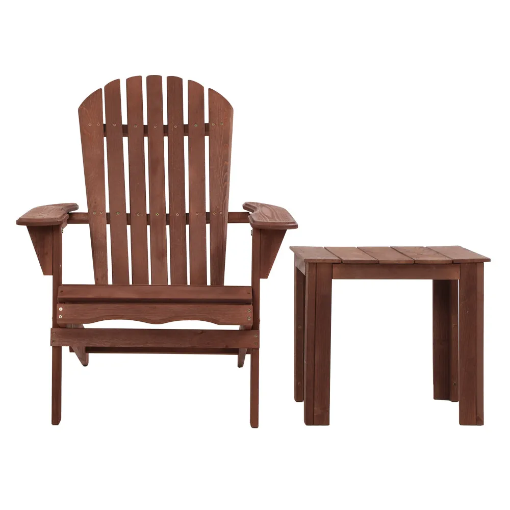 Gardeon 3PC Adirondack Outdoor Table and Chairs Wooden Foldable Beach Chair Brown
