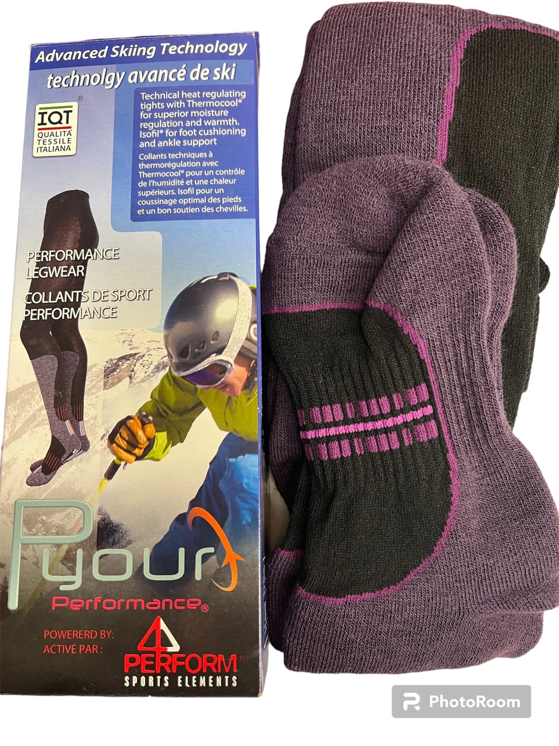 New Performance legwear for Adults with thermocool fleece lined fabric to keep warm, wicks away moisture, absorbs shock & regulates temperature! Great for any outdoor activity! Sz M Purple/Black! Made in Italy (Check sizing in description)
