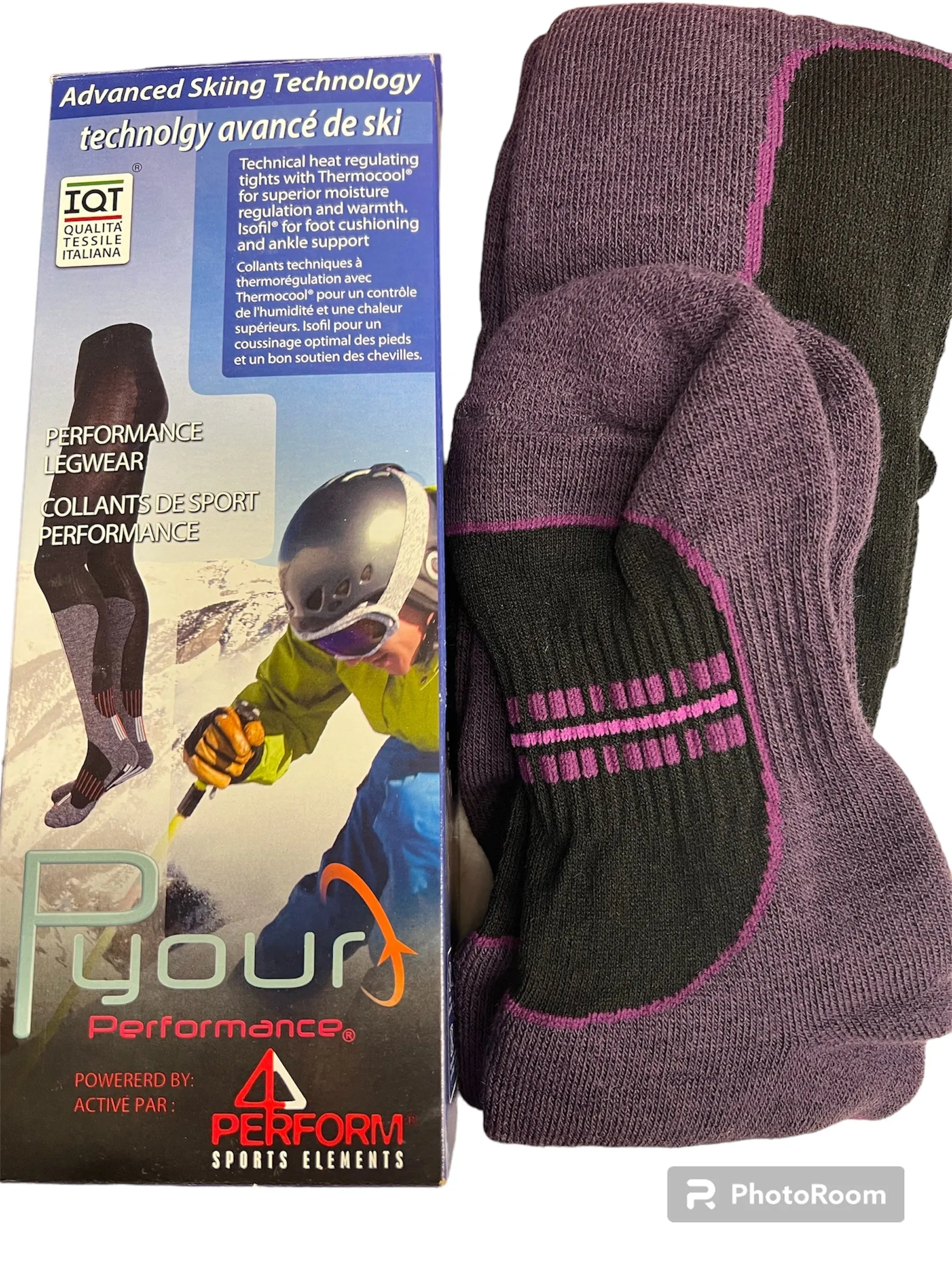 New Performance legwear for Adults with thermocool fleece lined fabric to keep warm, wicks away moisture, absorbs shock & regulates temperature! Great for any outdoor activity! Sz M Purple/Black! Made in Italy (Check sizing in description)