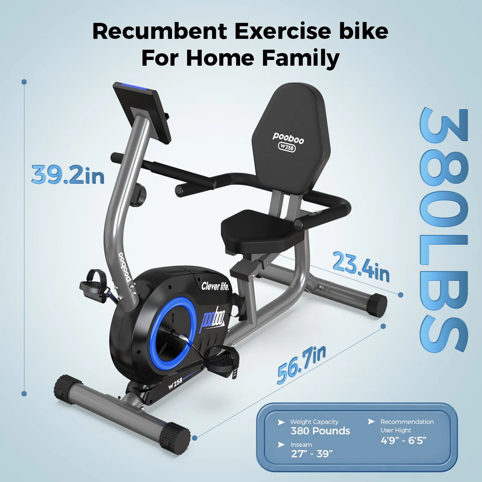 Pooboo Recumbent Exercise Bikes Sit Down Stationary Bicycle 380lb
