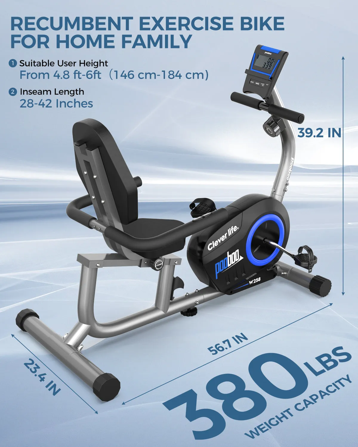 Pooboo Recumbent Exercise Bikes Sit Down Stationary Bicycle 380lb