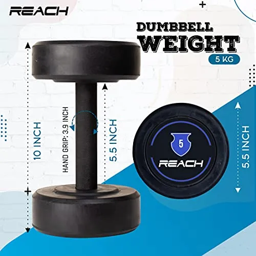 Reach Dumbbell 5 kg Round Dumbbell Set - Pair of 2, 10 kg (Black/Silver)