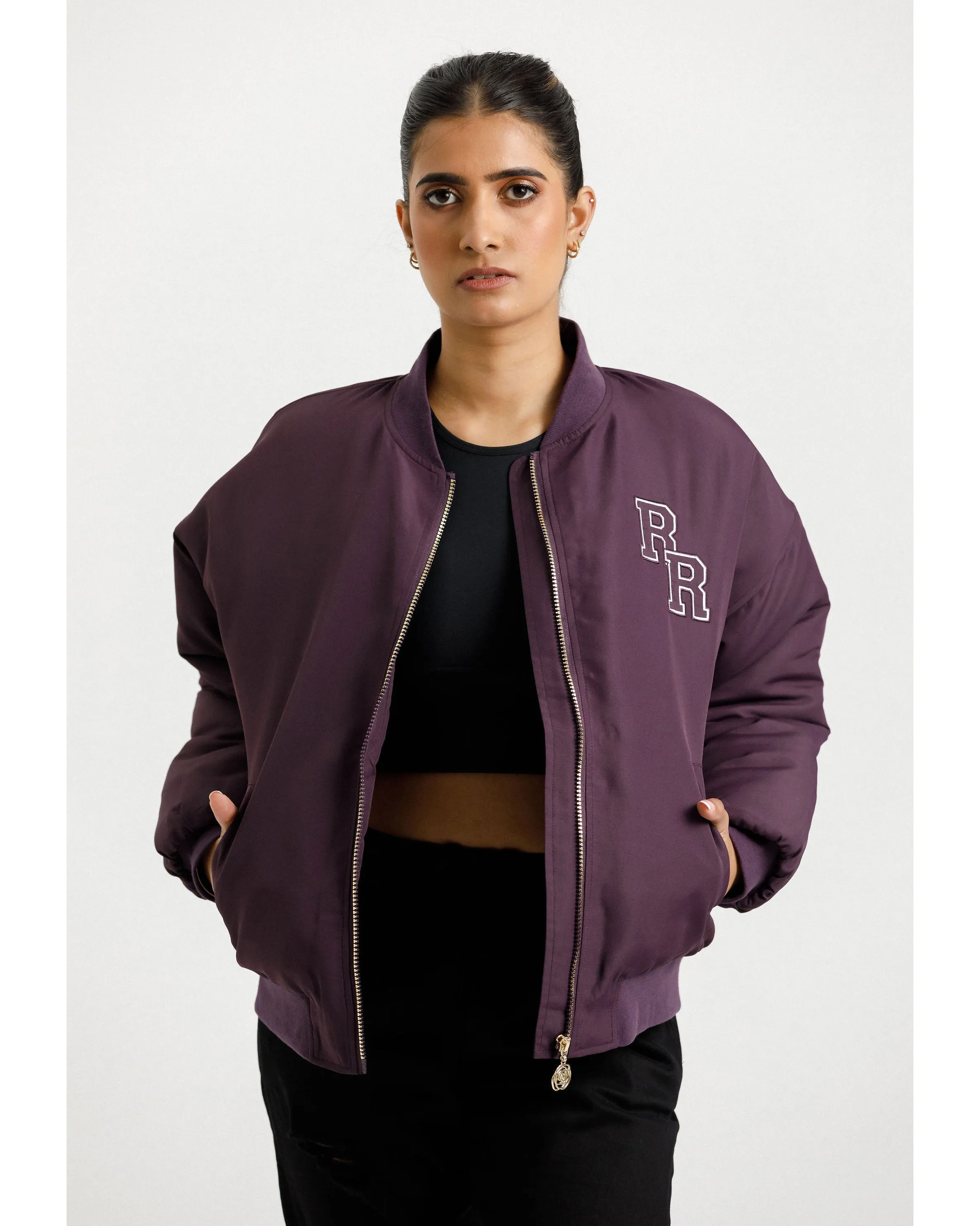 Rose Road Varsity Bomber Jacket - Plum