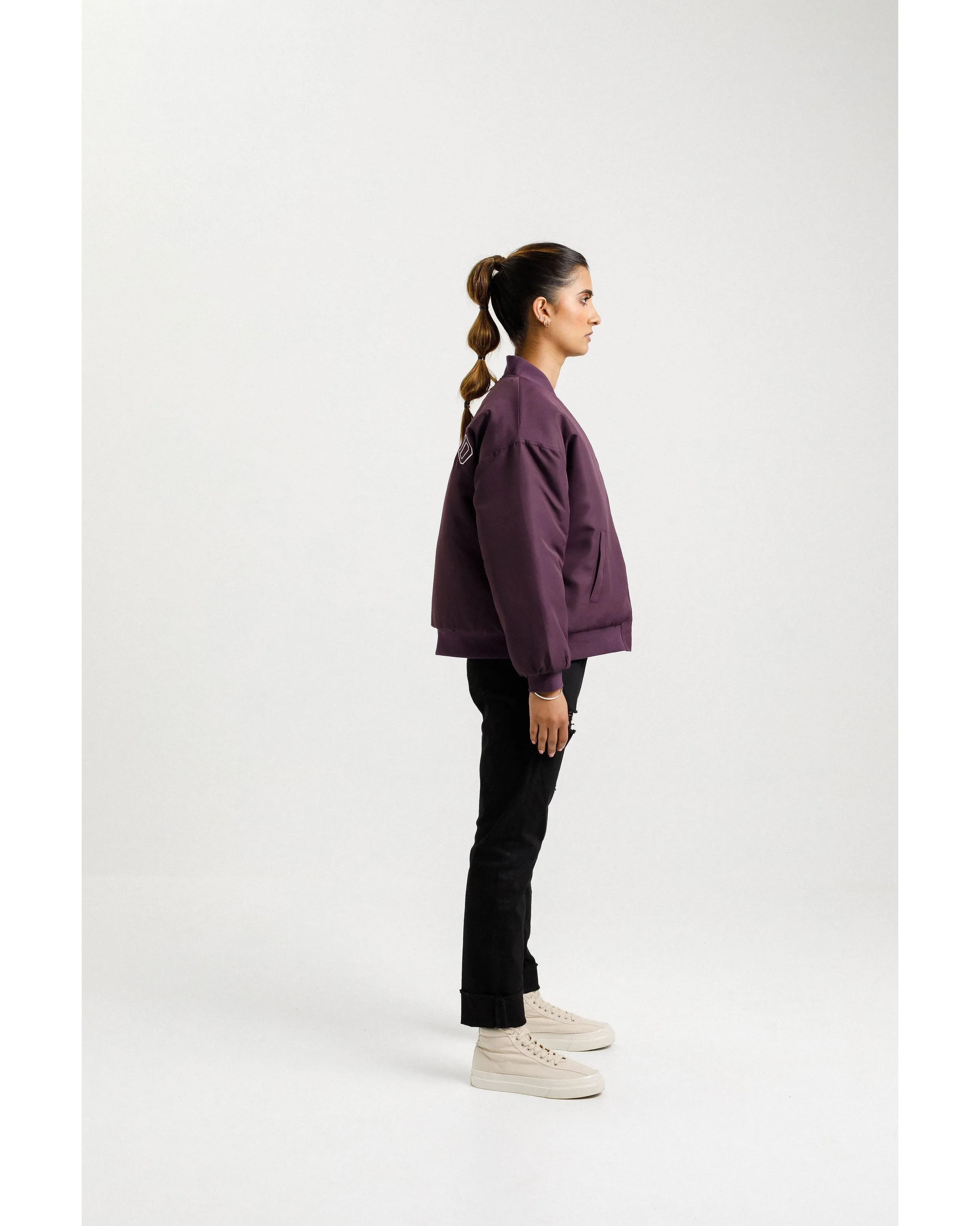 Rose Road Varsity Bomber Jacket - Plum