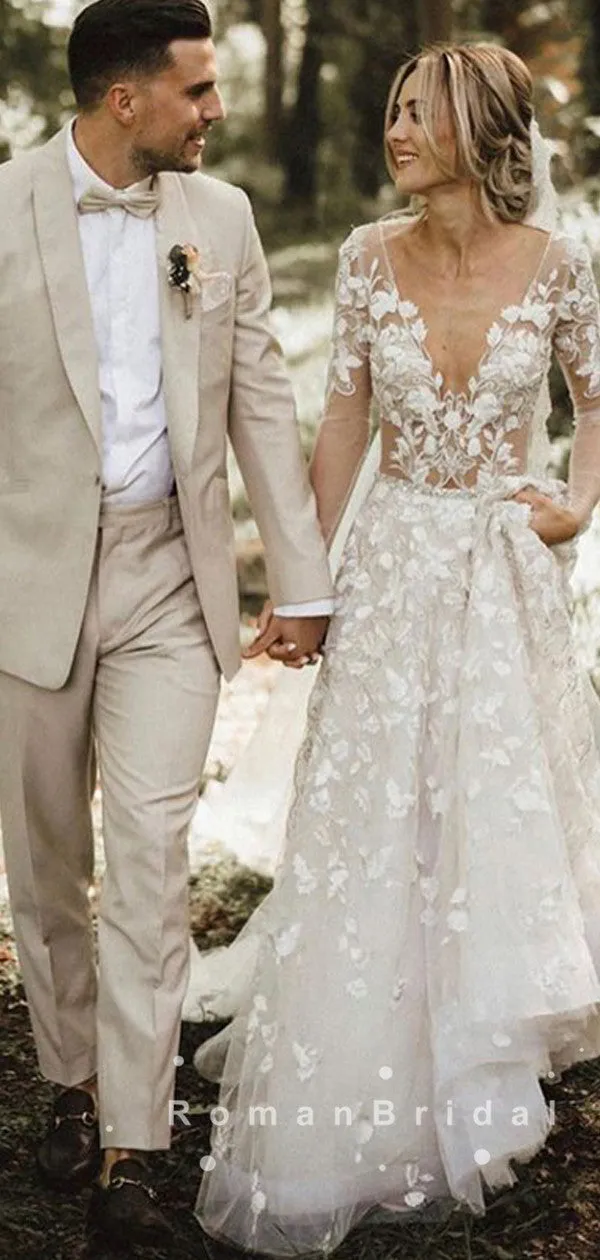 See Through A-Line Deep V-Neck Long Sleeves Long Wedding Dresses With Lace,RBWD0012
