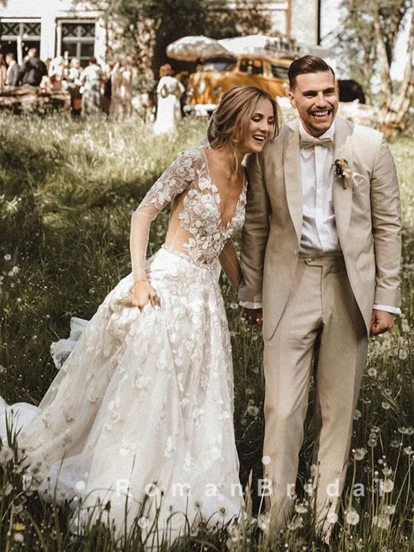 See Through A-Line Deep V-Neck Long Sleeves Long Wedding Dresses With Lace,RBWD0012