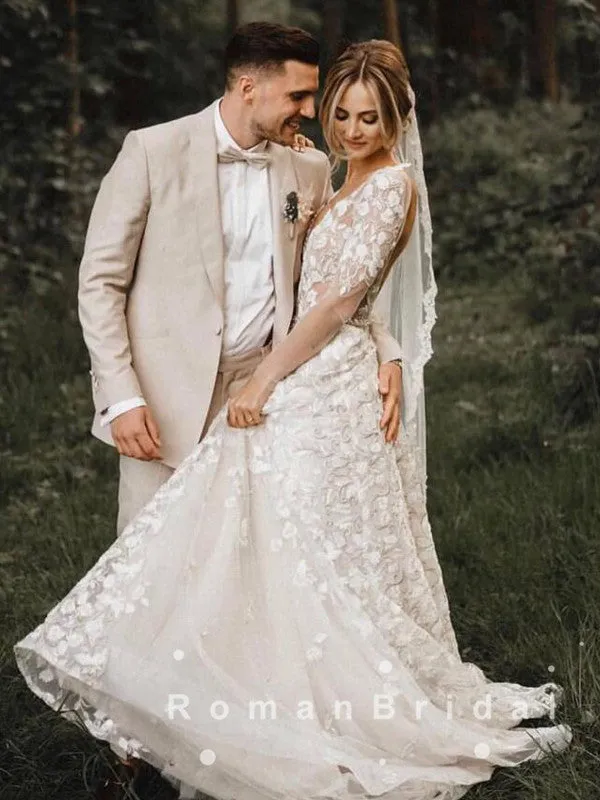 See Through A-Line Deep V-Neck Long Sleeves Long Wedding Dresses With Lace,RBWD0012