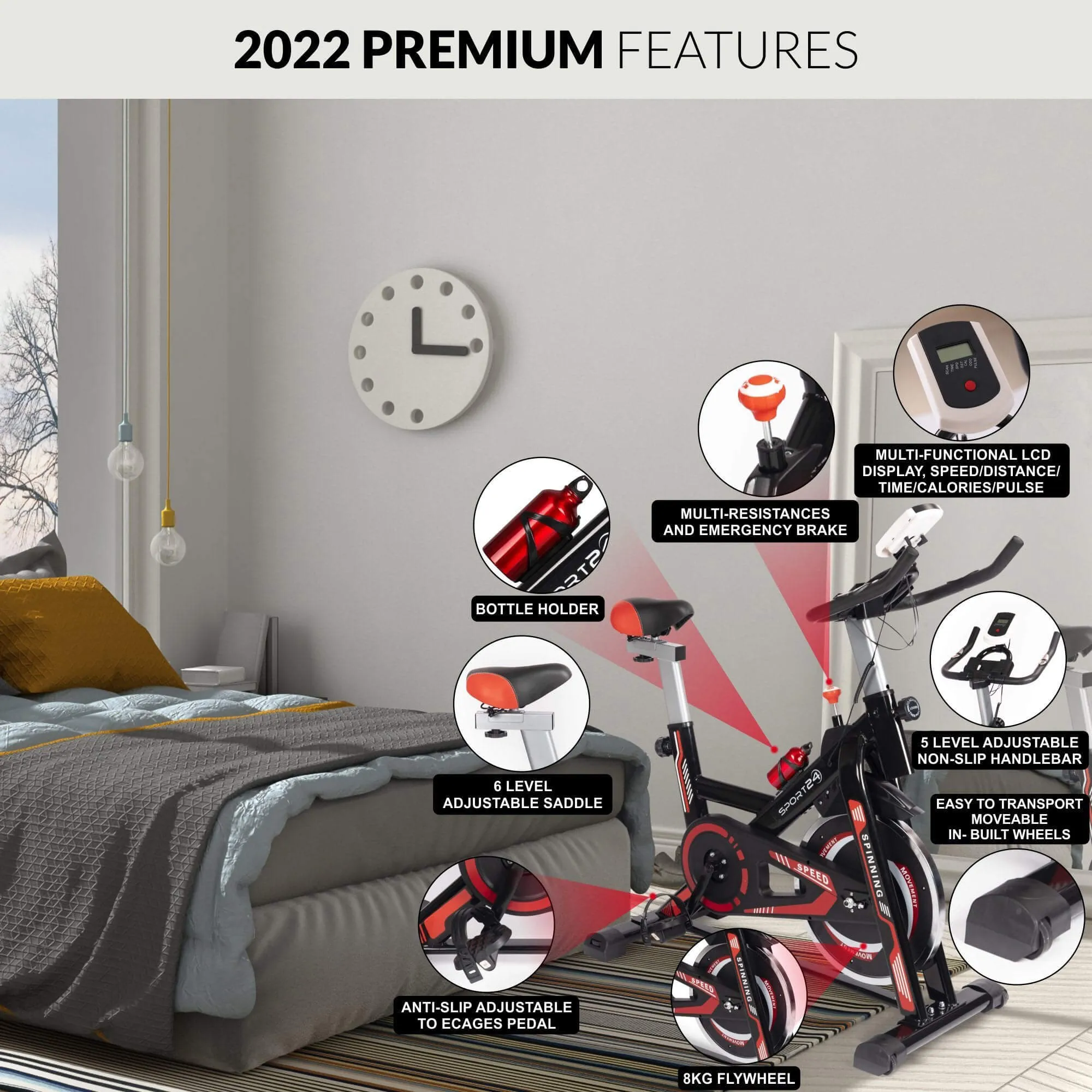 SPORT24 Stationary Upright Exercise Spinning Bike for Home Use With 8Kg Flywheel, LCD Multi-Function Monitor, Cardio Trainer, Indoor Fitness, Multi-Resistance Levels, Flywheel Bicycle, Black Red