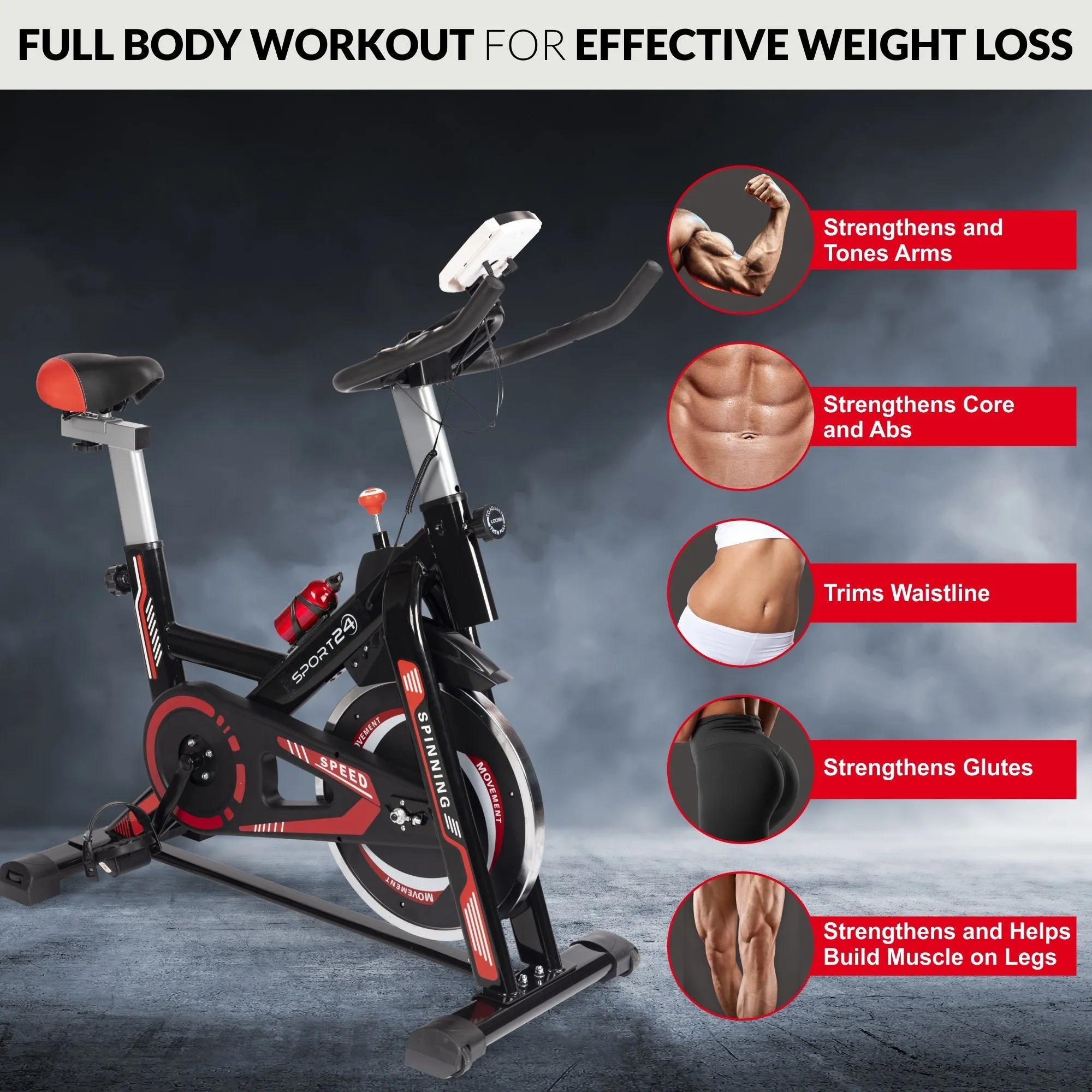 SPORT24 Stationary Upright Exercise Spinning Bike for Home Use With 8Kg Flywheel, LCD Multi-Function Monitor, Cardio Trainer, Indoor Fitness, Multi-Resistance Levels, Flywheel Bicycle, Black Red