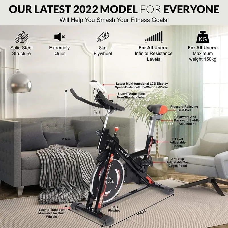 SPORT24 Stationary Upright Exercise Spinning Bike for Home Use With 8Kg Flywheel, LCD Multi-Function Monitor, Cardio Trainer, Indoor Fitness, Multi-Resistance Levels, Flywheel Bicycle, Black Red