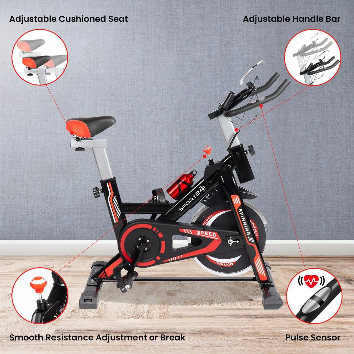 SPORT24 Stationary Upright Exercise Spinning Bike for Home Use With 8Kg Flywheel, LCD Multi-Function Monitor, Cardio Trainer, Indoor Fitness, Multi-Resistance Levels, Flywheel Bicycle, Black Red