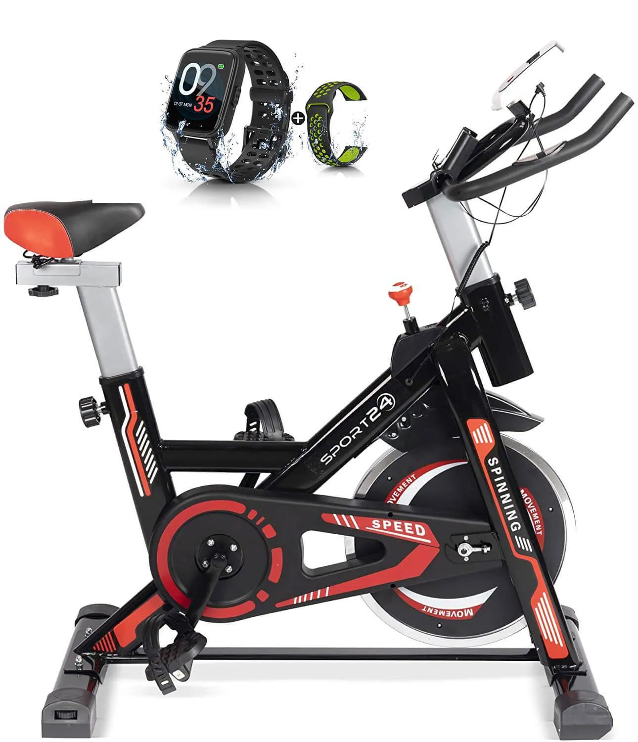 SPORT24 Stationary Upright Exercise Spinning Bike for Home Use With 8Kg Flywheel, LCD Multi-Function Monitor, Cardio Trainer, Indoor Fitness, Multi-Resistance Levels, Flywheel Bicycle, Black Red