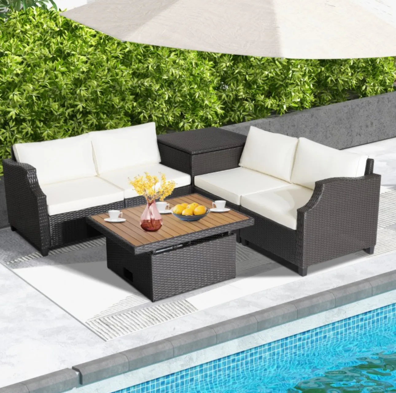Super Relaxing Heavy Duty 7-Piece Hand Woven Wicker Patio Outdoor Furniture Set Elegant Acacia Wood Coffee Table