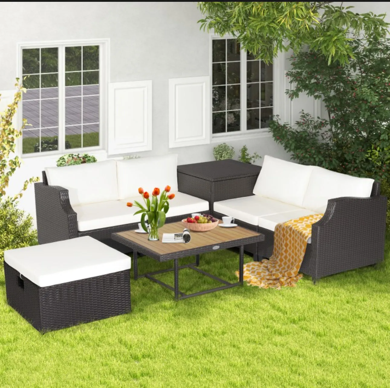 Super Relaxing Heavy Duty 7-Piece Hand Woven Wicker Patio Outdoor Furniture Set Elegant Acacia Wood Coffee Table