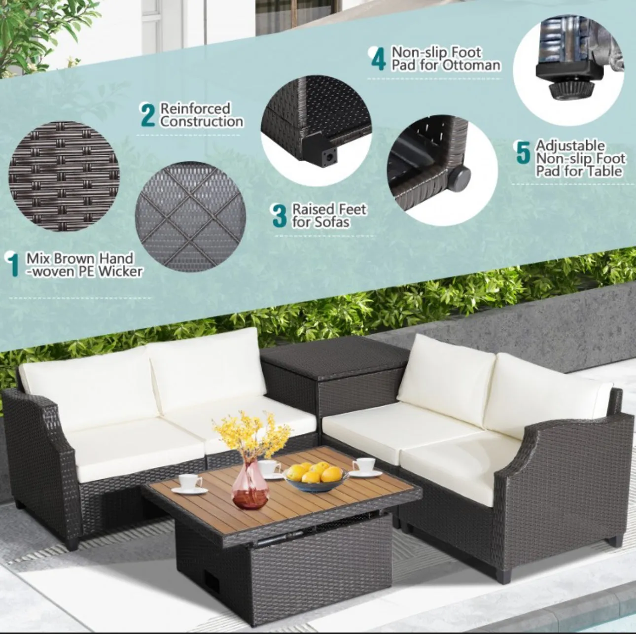 Super Relaxing Heavy Duty 7-Piece Hand Woven Wicker Patio Outdoor Furniture Set Elegant Acacia Wood Coffee Table