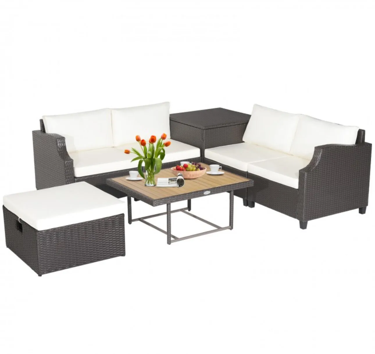 Super Relaxing Heavy Duty 7-Piece Hand Woven Wicker Patio Outdoor Furniture Set Elegant Acacia Wood Coffee Table
