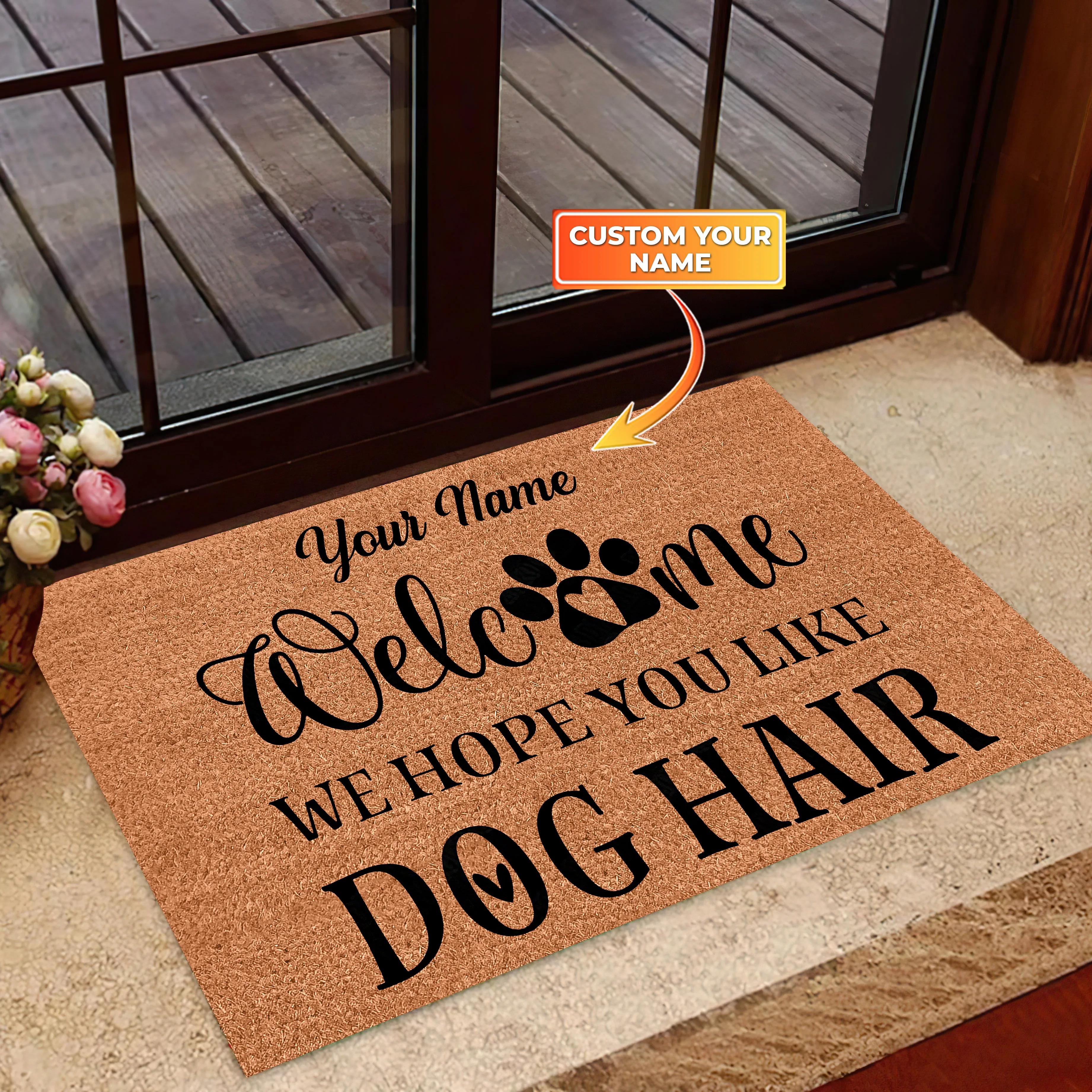 Welcome We Hope You Like Dog Hair Cutting File Door Mat, Dog Paw Prints Heart Home Doormat