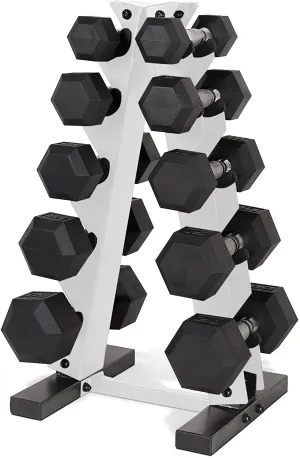 WF Athletic Supply 5-25Lb Rubber Coated Hex Dumbbell Set with A Frame Storage Rack Non-Slip Hex Shape for Muscle Toning, Strength Building & Weight Loss - Multiple Choices Available