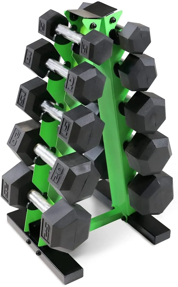 WF Athletic Supply 5-25Lb Rubber Coated Hex Dumbbell Set with A Frame Storage Rack Non-Slip Hex Shape for Muscle Toning, Strength Building & Weight Loss - Multiple Choices Available
