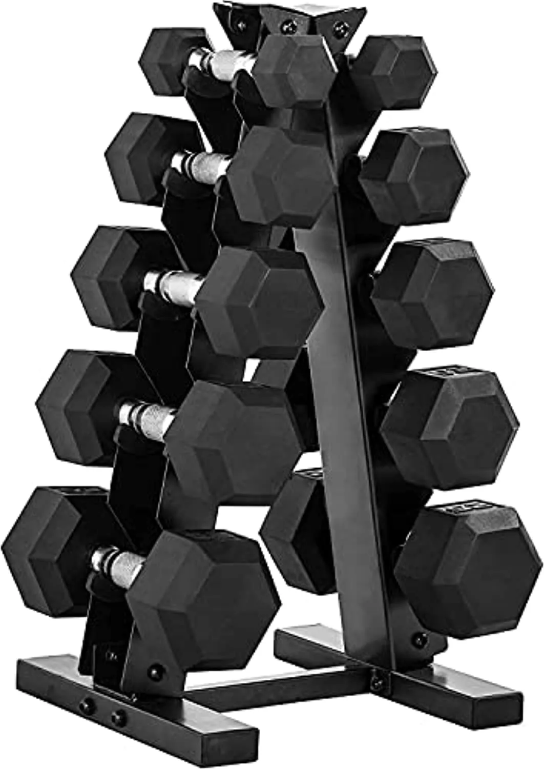 WF Athletic Supply 5-25Lb Rubber Coated Hex Dumbbell Set with A Frame Storage Rack Non-Slip Hex Shape for Muscle Toning, Strength Building & Weight Loss - Multiple Choices Available