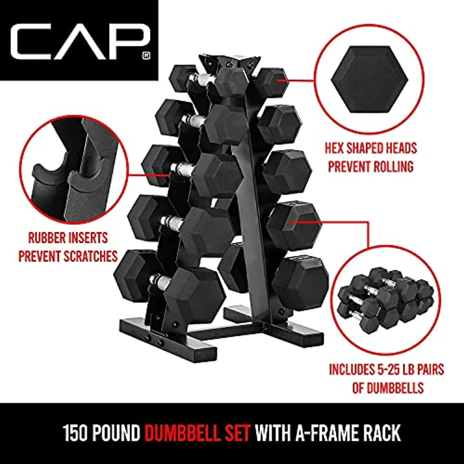 WF Athletic Supply 5-25Lb Rubber Coated Hex Dumbbell Set with A Frame Storage Rack Non-Slip Hex Shape for Muscle Toning, Strength Building & Weight Loss - Multiple Choices Available