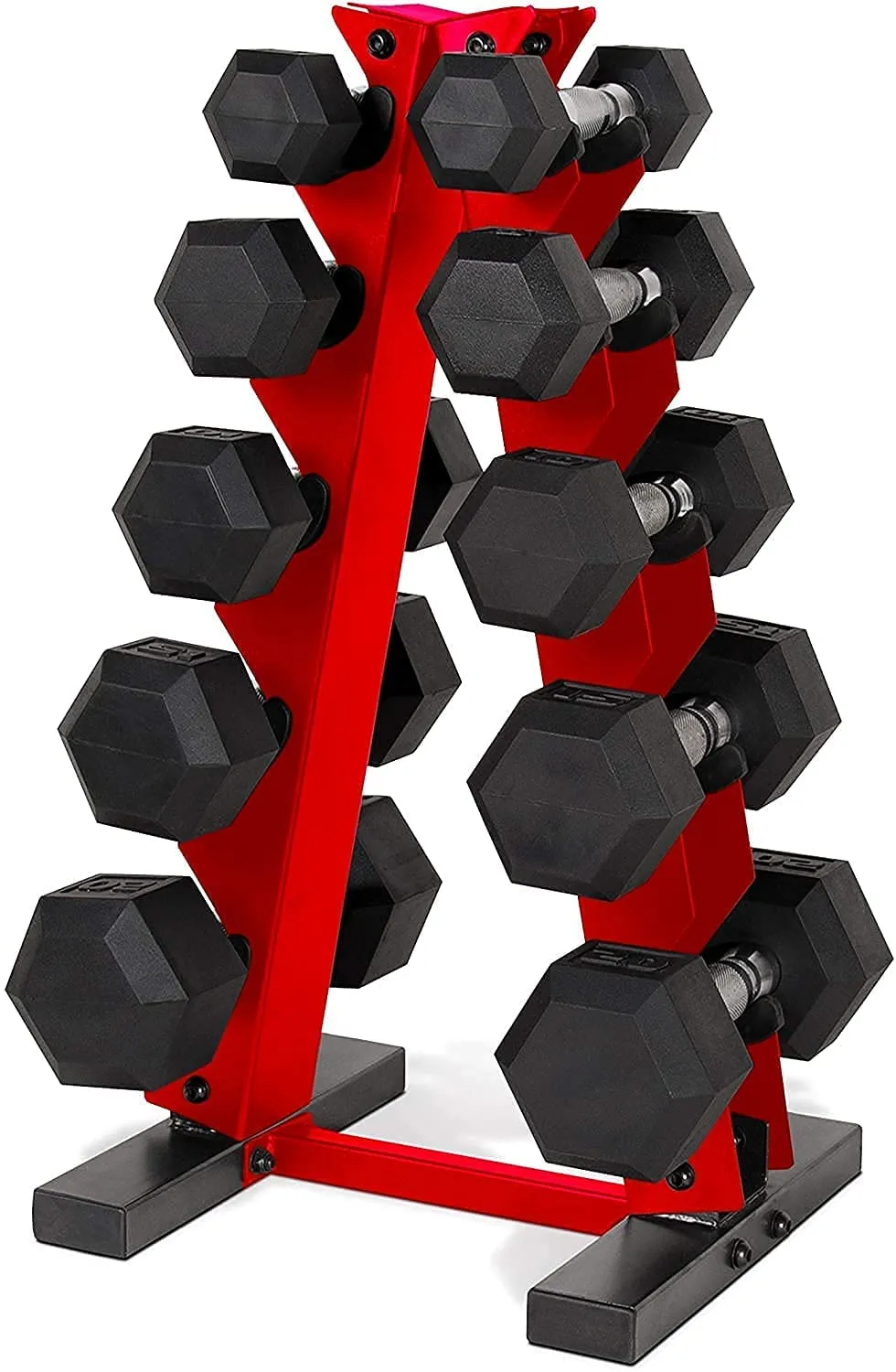 WF Athletic Supply 5-25Lb Rubber Coated Hex Dumbbell Set with A Frame Storage Rack Non-Slip Hex Shape for Muscle Toning, Strength Building & Weight Loss - Multiple Choices Available