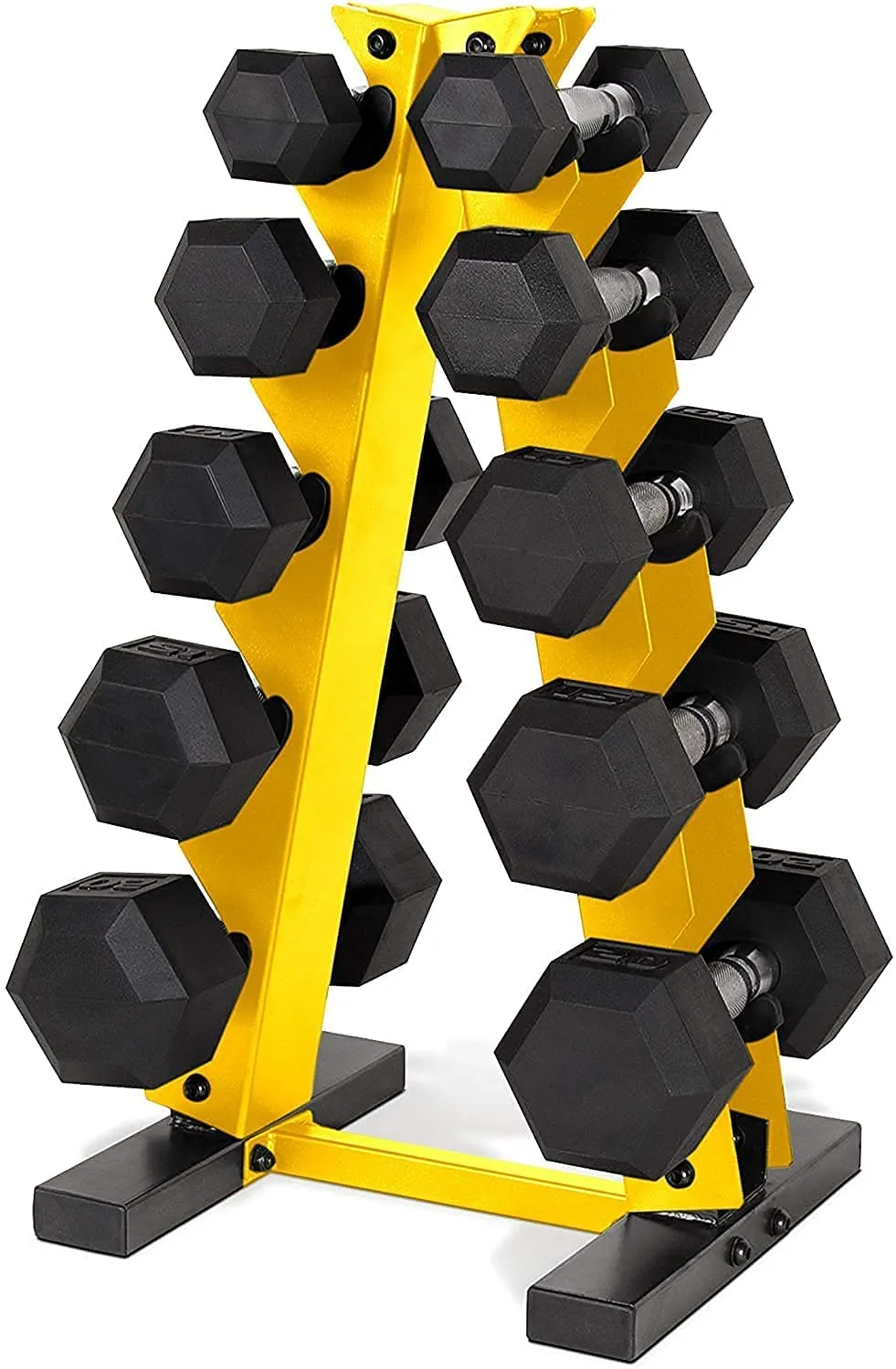 WF Athletic Supply 5-25Lb Rubber Coated Hex Dumbbell Set with A Frame Storage Rack Non-Slip Hex Shape for Muscle Toning, Strength Building & Weight Loss - Multiple Choices Available