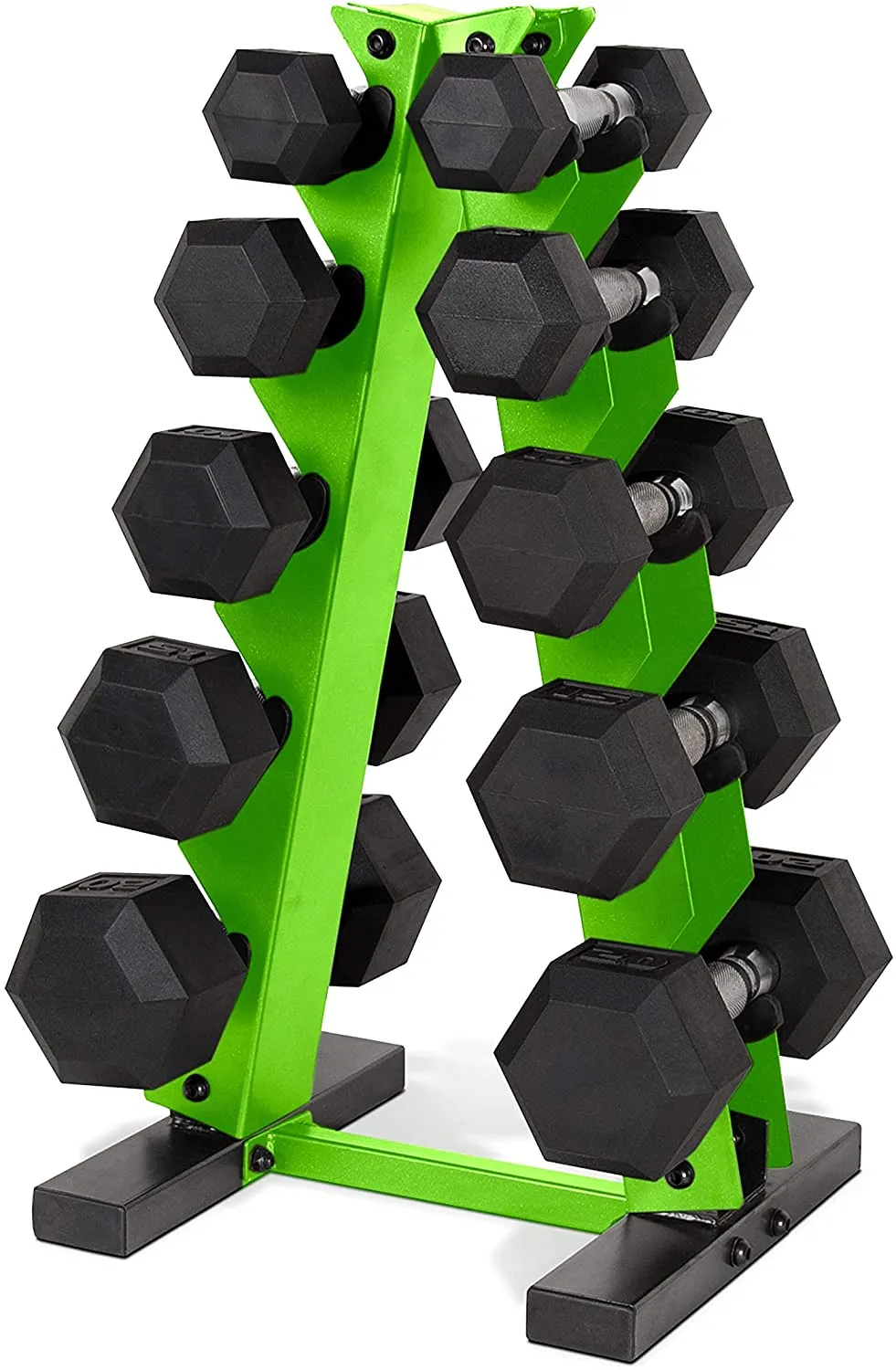 WF Athletic Supply 5-25Lb Rubber Coated Hex Dumbbell Set with A Frame Storage Rack Non-Slip Hex Shape for Muscle Toning, Strength Building & Weight Loss - Multiple Choices Available