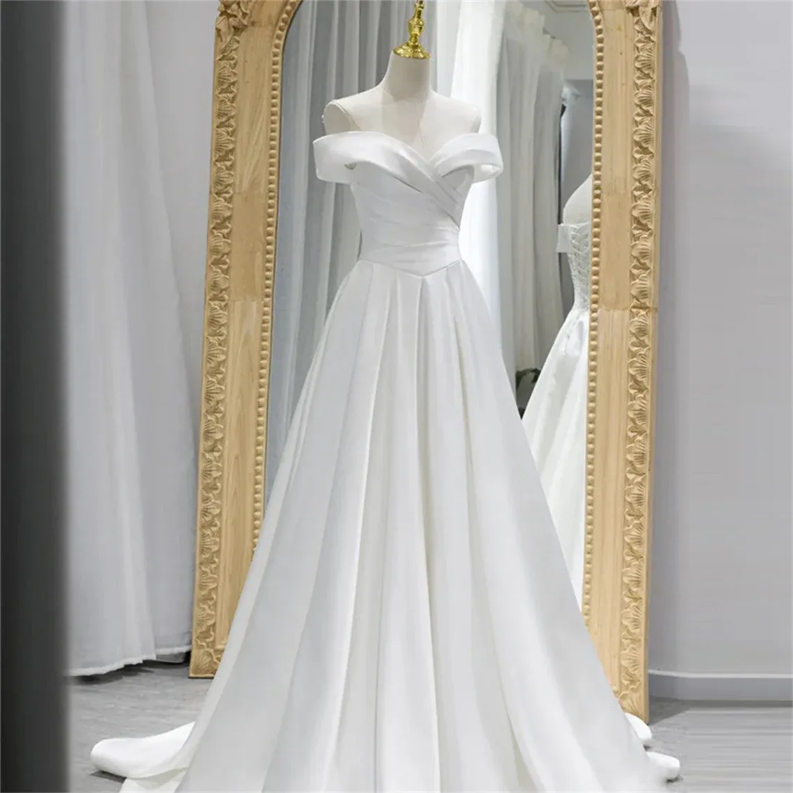 White Off Shoulder Satin Long Prom Dress, White Wedding Party Dresses