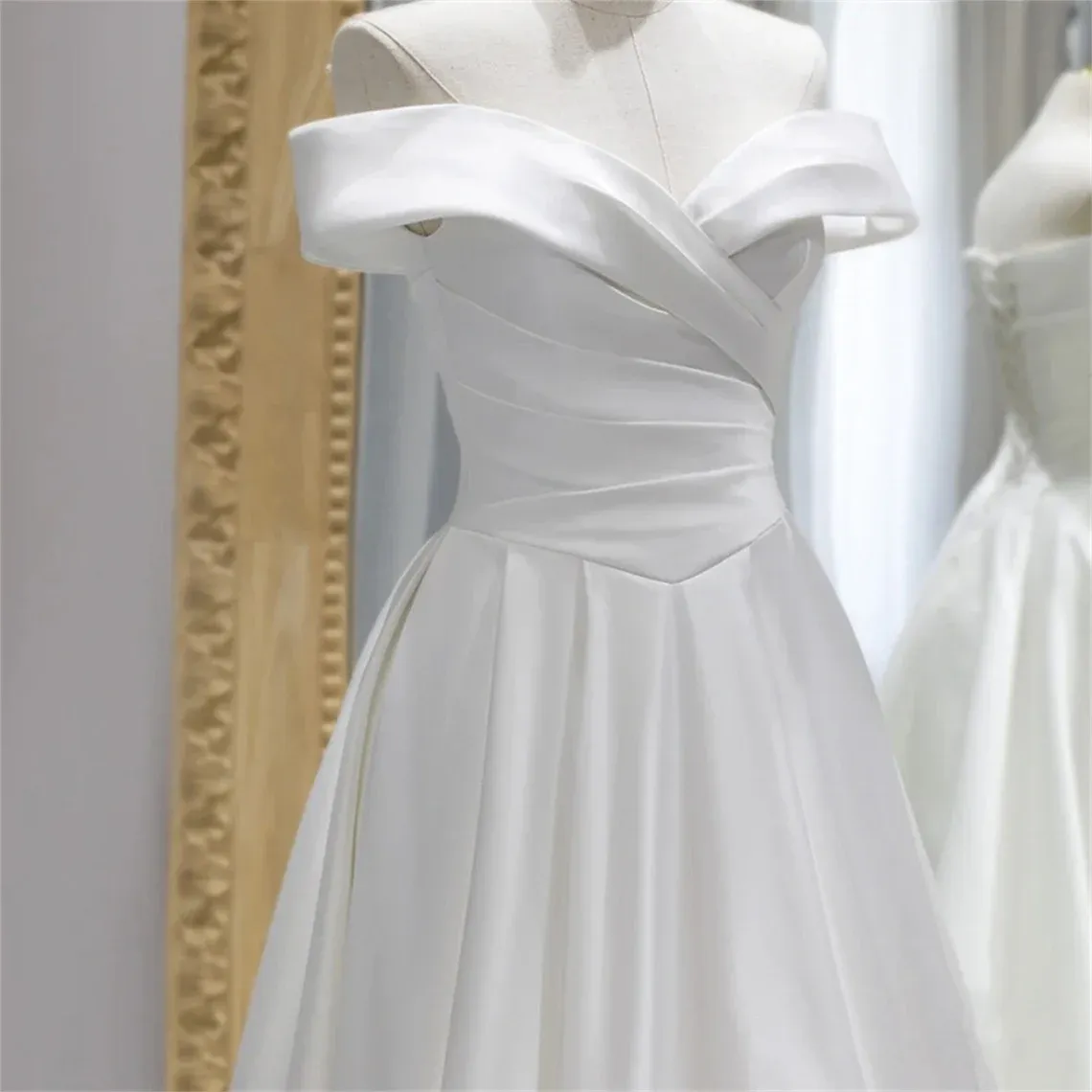 White Off Shoulder Satin Long Prom Dress, White Wedding Party Dresses