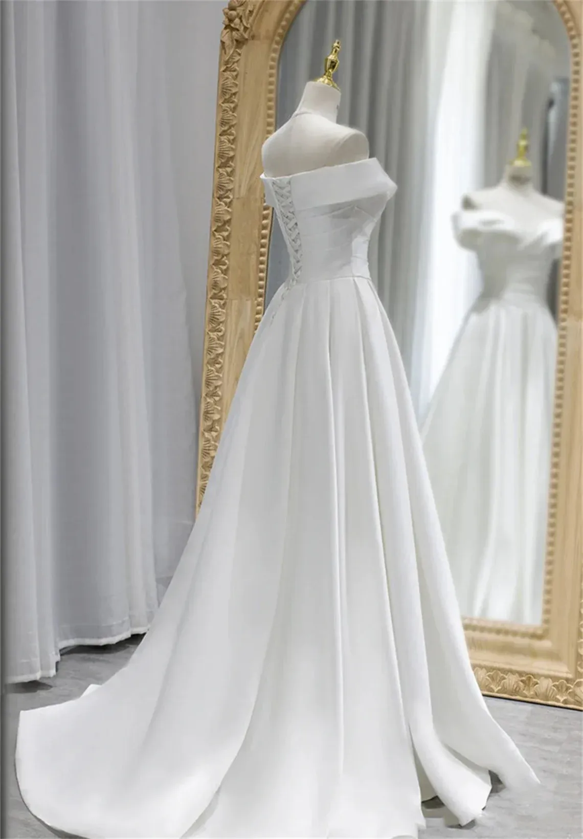 White Off Shoulder Satin Long Prom Dress, White Wedding Party Dresses